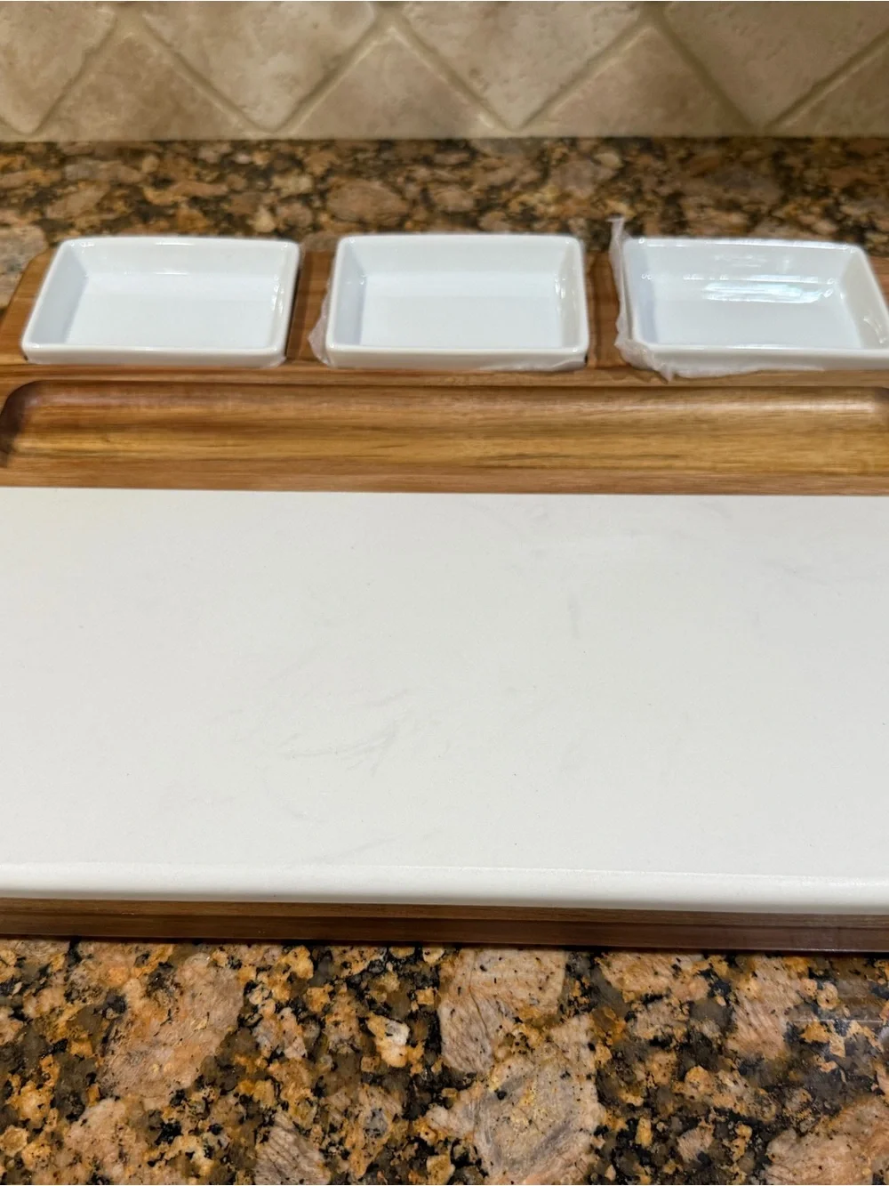 Wood & Marble Cheese Serving Board Set with White Ceramic Dishes